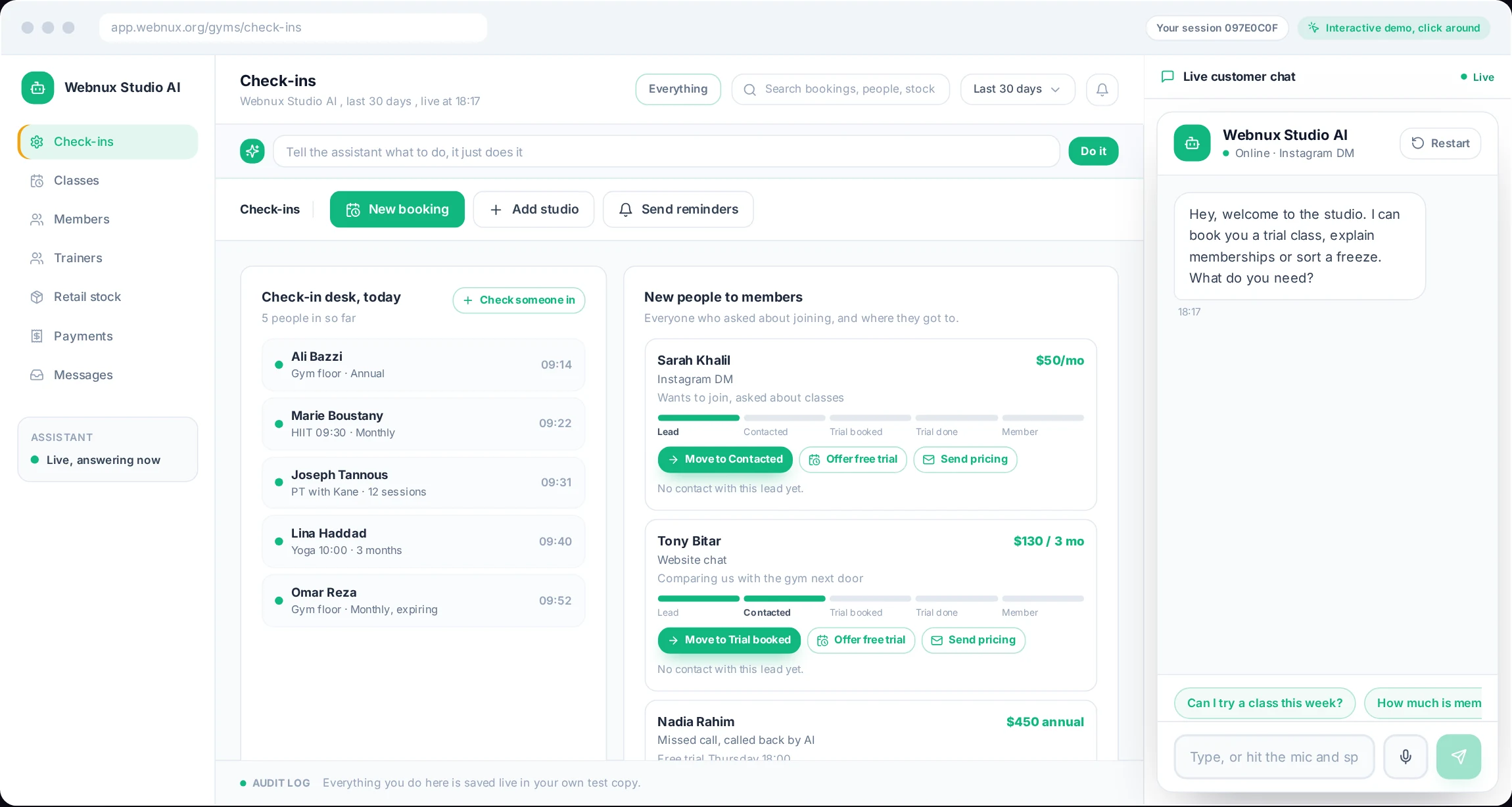 A live Webnux system: members, classes and payments in one dashboard